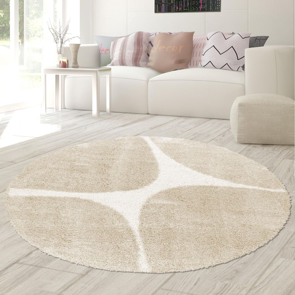 Moderner Hochflor Teppich Beige Akzente Weich, gemütlich, pflegeleicht mit organischem Muster in Creme Beige Größe - 160 cm Rund