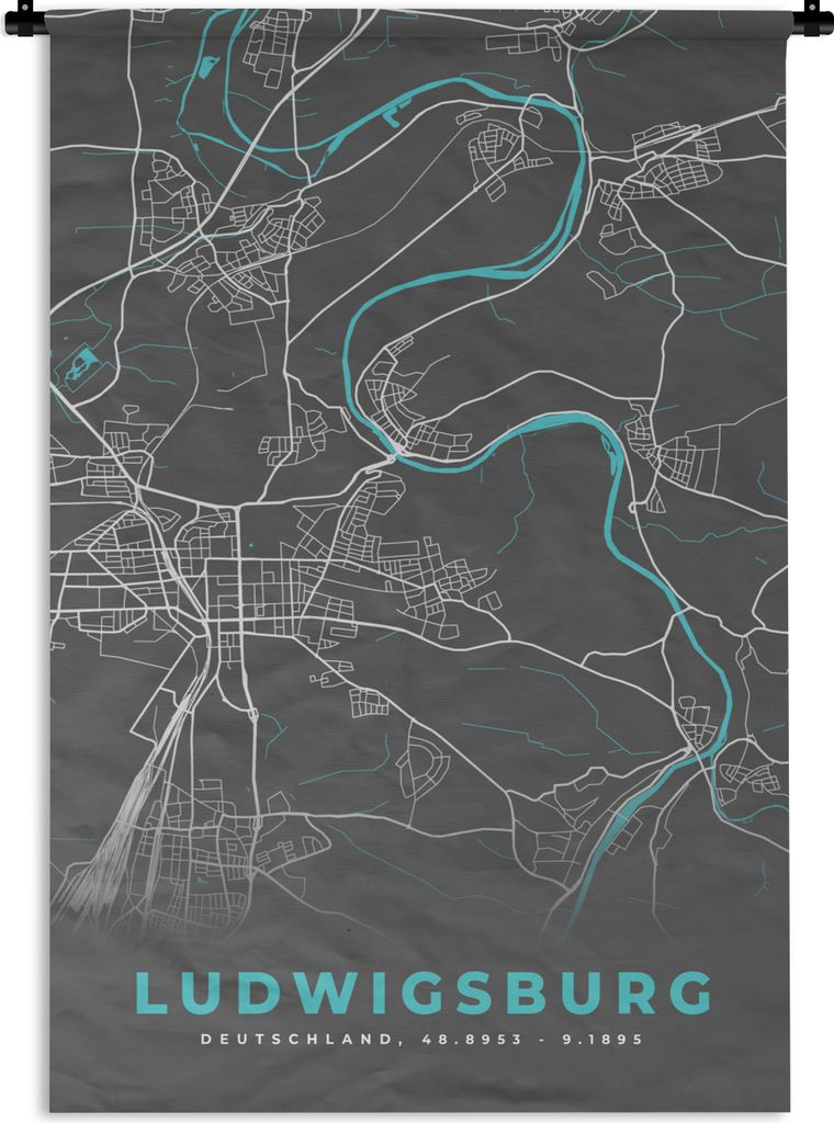MuchoWow Wandteppich Wandbehang Stadtplan - Ludwigsburg - Deutschland - Karte 60x90 cm Tapisserie Dekoration Wandtuch - Foto-Teppich - Abwaschbar