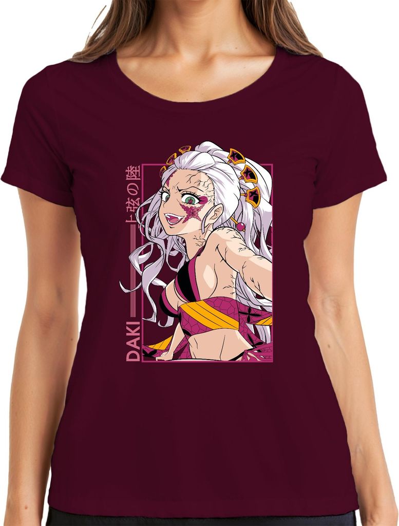 Daki Dämonen Anime weißes Haar Blumenmaske düster Geschenk Japan Y2K Streetwear Damen T-Shirt, Burgundy, 3XL