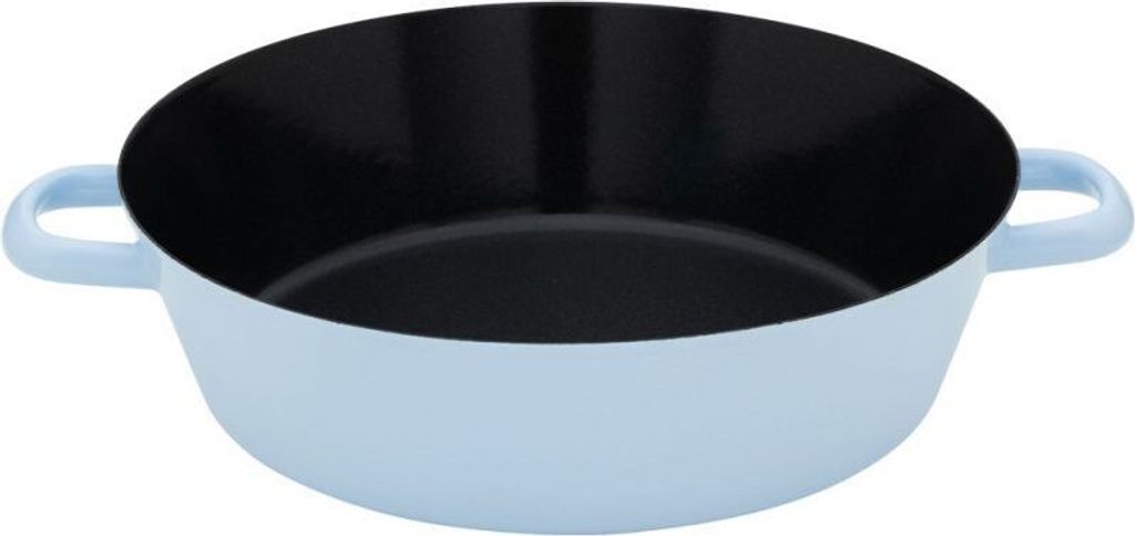 A light blue baking pan with a black interior is shown against a white background.