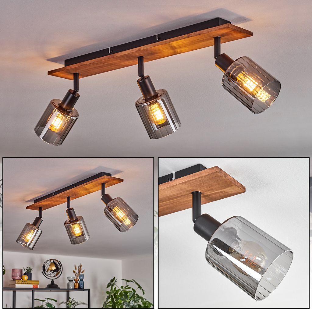 Canosa Deckenlampe aus Metall/Holz/Glas in Schwarz/Natur/Rauchfarben