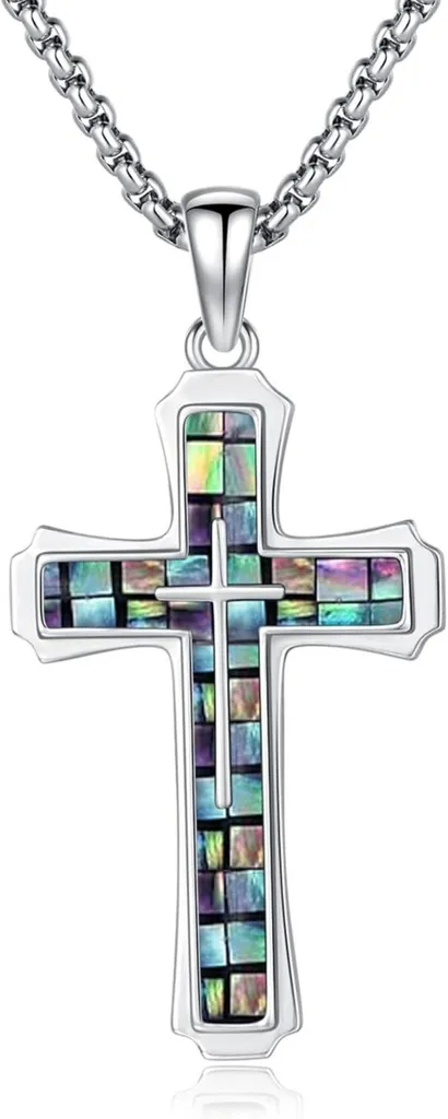 TRISHULA Collana a croce da uomo Abalone Opale Malachite Ciondolo in argento 925