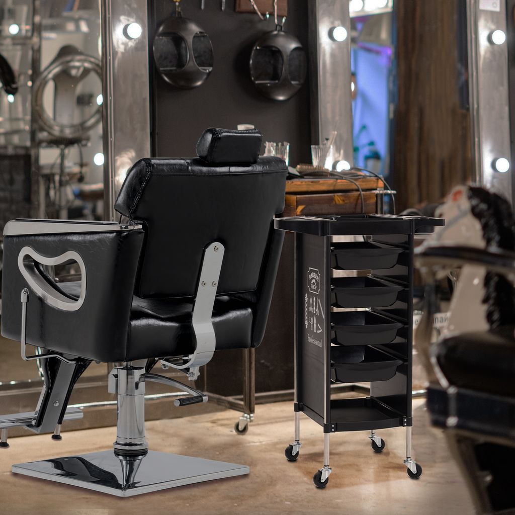 BarberPub 2 in 1 Friseurwagen mit 5 Schubladen & Schrank, Bedienungswagen mit 2 Föhnhalter, Friseur Arbeitswagen abschließbar, Beauty Salon Trolley
