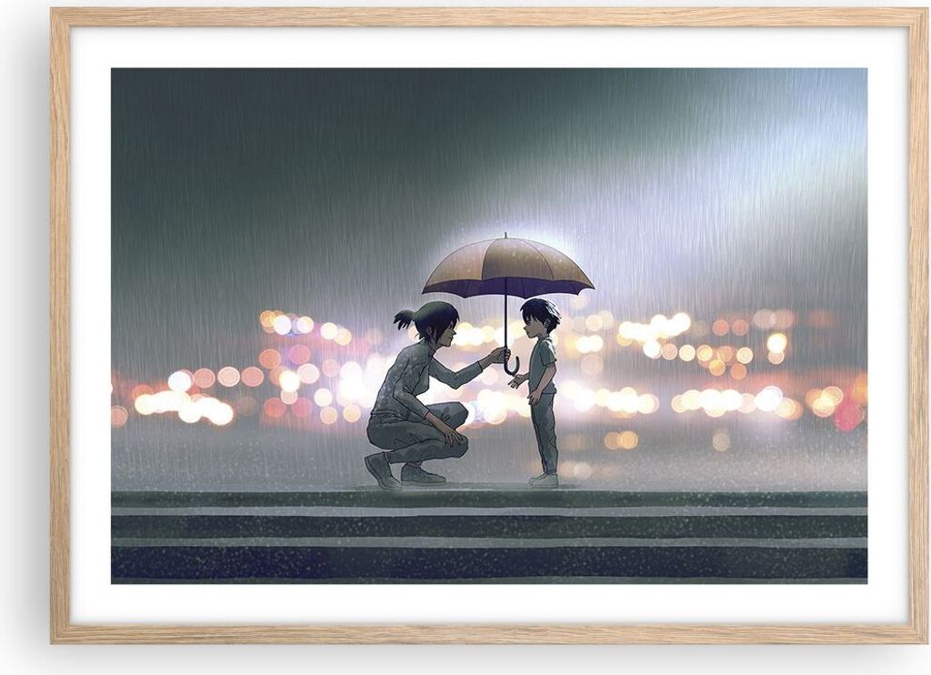 Gerahmtes Poster - Rahmen in heller Eiche - Manga Regenschirm Hilfe - 70x50 cm - Wand Bild - Wanddeko - Wandbilder - Kunstposter - Wandposter - Bil...