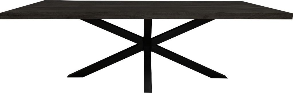 A rectangular dining table with a dark wood top and a black X-shaped base, isolated on a white background.