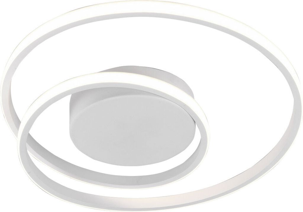 A white, modern ceiling light with two intertwined spiral-shaped arms, mounted on a white circular base.
