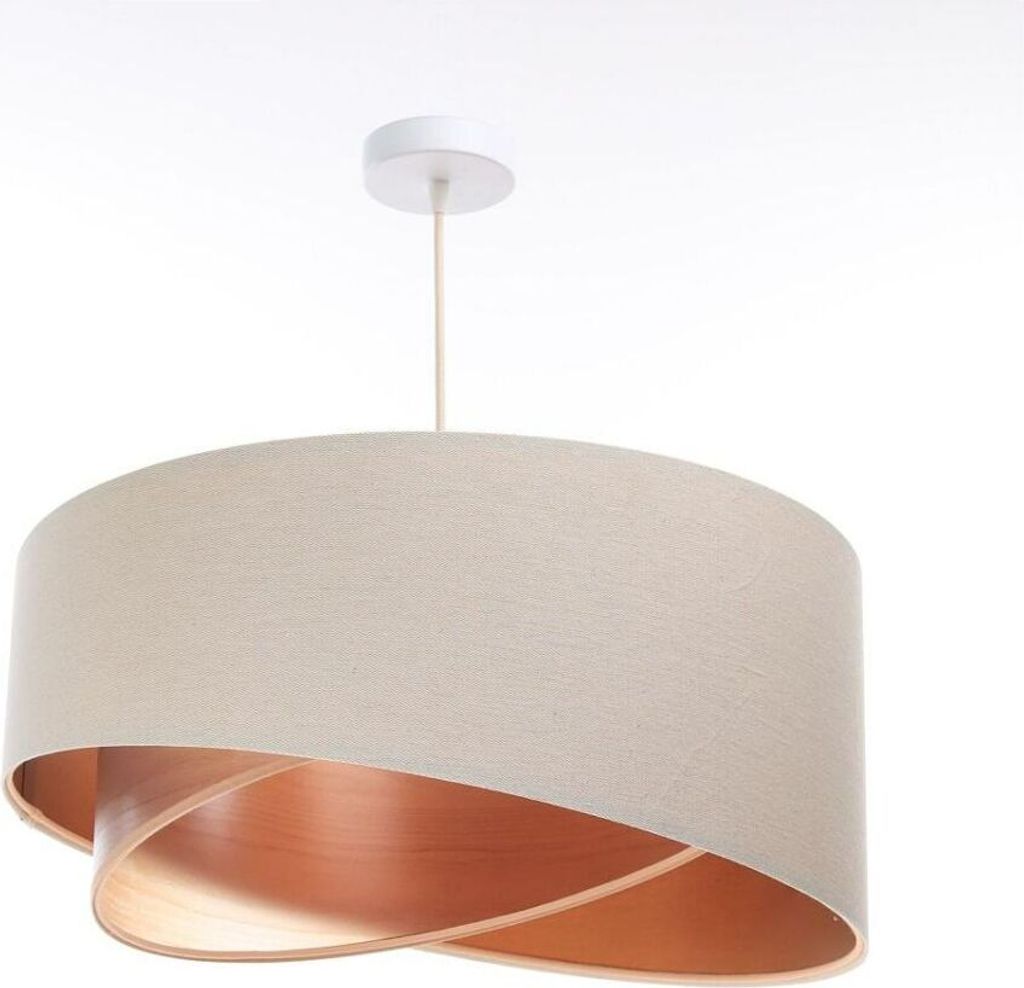 Hängelampe Stoff E27 D: 50 cm H: max. 105 cm in Weiß Beige Kupfer (Holzoptik) rund Modern Pendelleuchte