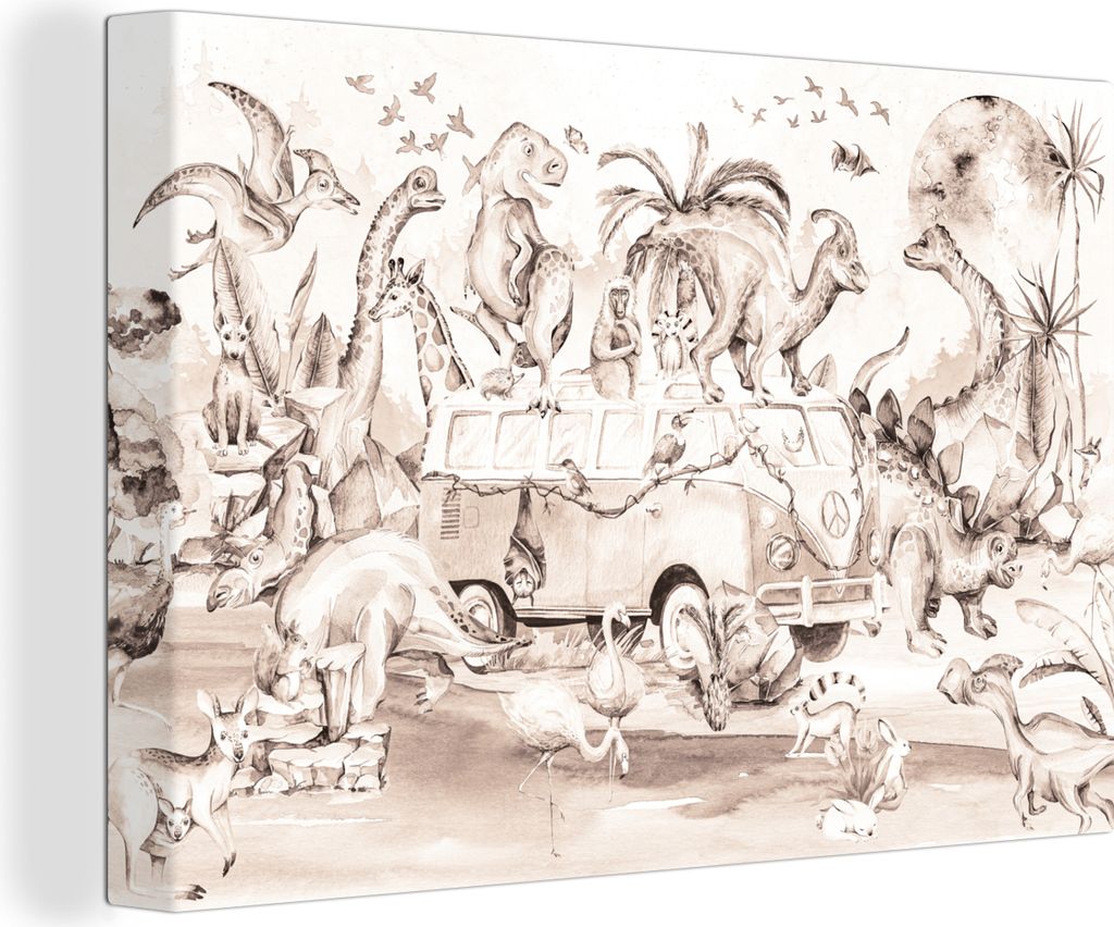 OneMillionCanvasses - Leinwandbilder - 150x100 cm, Dinosaurier - Bus - Kinder - Tiere - Bäume, Wandbilder Kunstdruck Wanddekoration - Foto auf L...