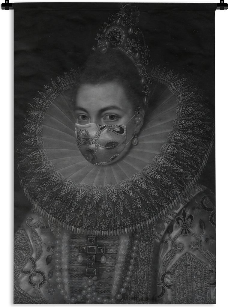 MuchoWow Wandteppich Wandbehang Isabella Clara Eugenia mit einem goldenen Mundschutz - Gemälde von Frans Pourbus dem Jüngeren - schwarz-weiß 6...