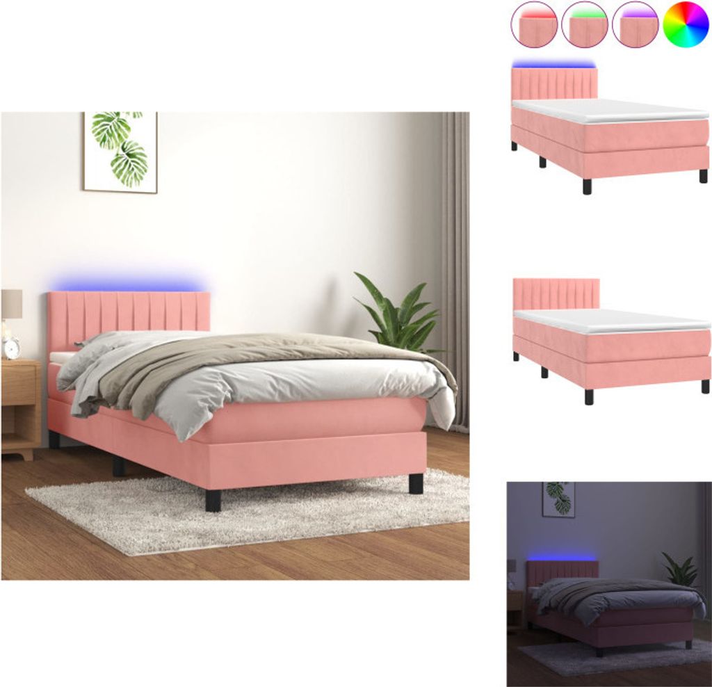 vidaXL Boxspringbett mit Matratze & LED Rosa 100x200 cm Samt - Betten & Bettgestelle
