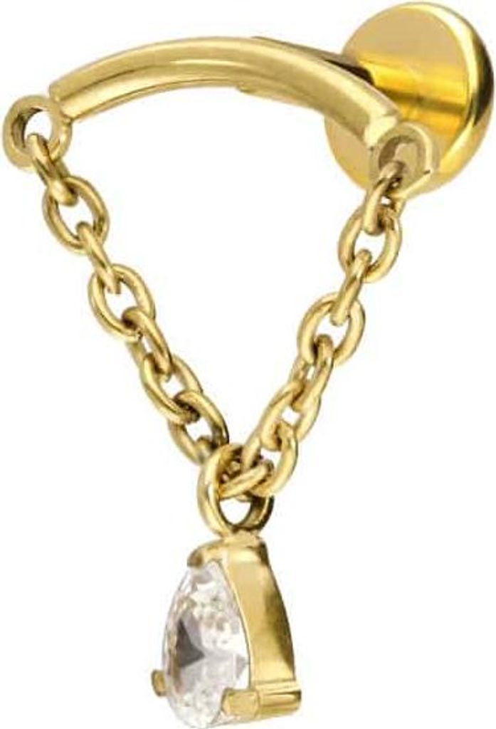 Ohrpiercing, Nasenpiercing Titan Labret mit Push Fit BOGEN + KETTE + KRISTALLTROPFEN Gold Stablänge: 6mm | Stabstärke: 1,2mm