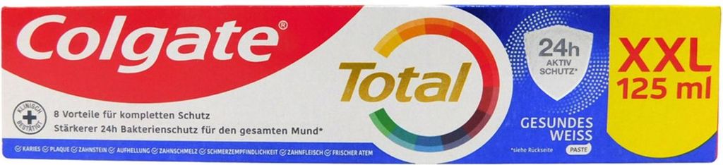 Colgate Total Gesundes Weiss XXL Zahnpasta 125 ml – antibakterielle Whitening-Zahncreme mit Dual-Zink-Technologie, 24h Schutz & Aufhellung
