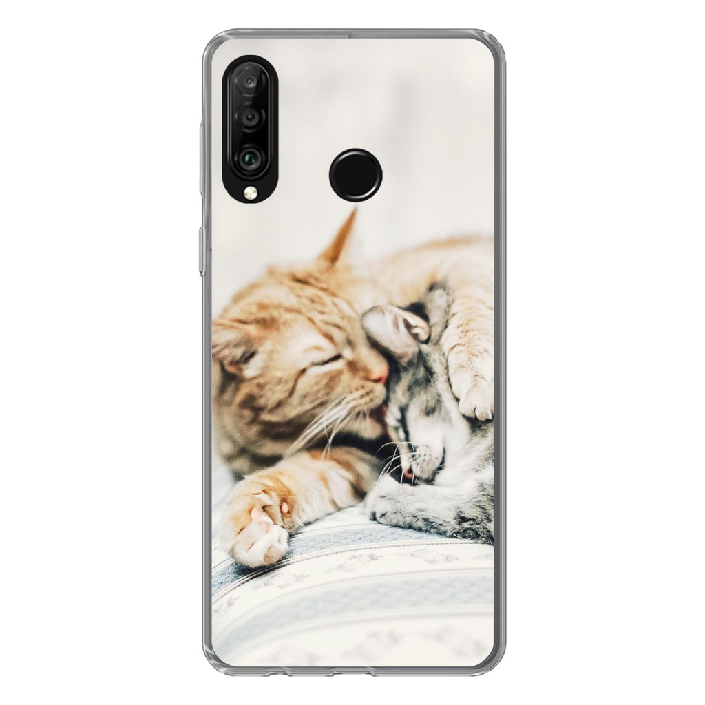 MuchoWow Handyhülle Schutzhülle Hülle für Huawei P30 Lite Katzen - Sofa - Wohnzimmer Silikon Softcase Handy Hülle - Handyhülle