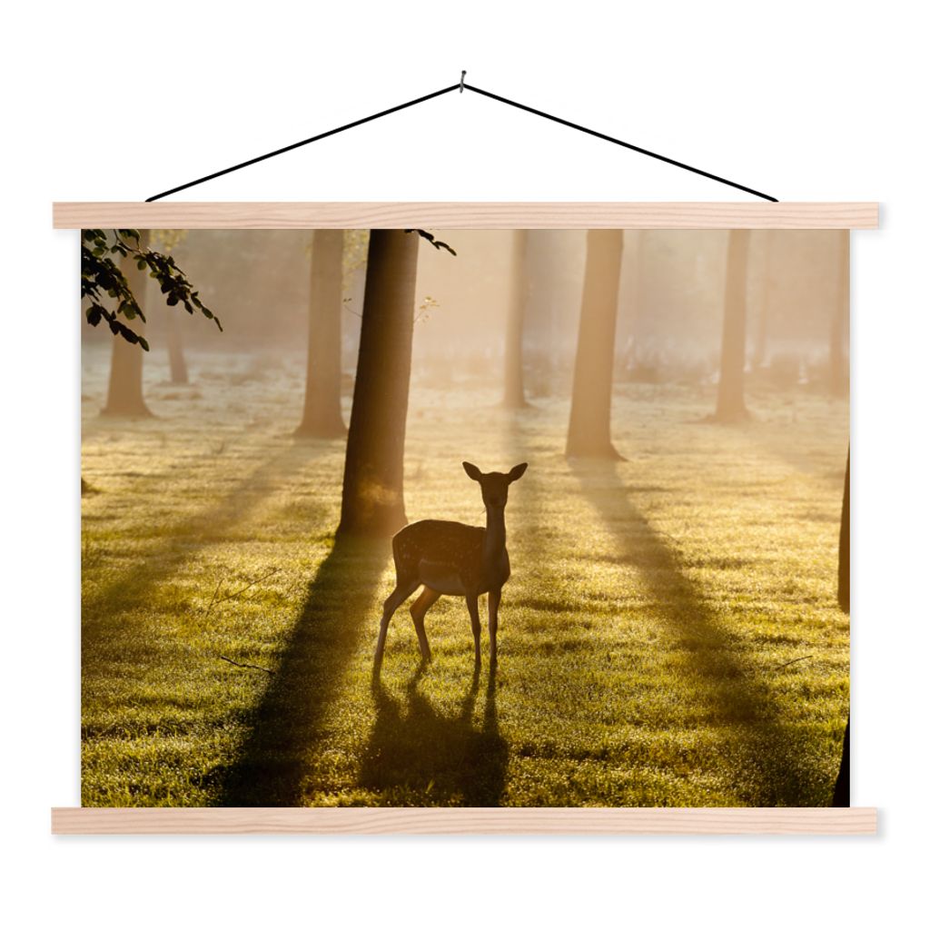 MuchoWow Textilposter Hirsche - Sonne - Bäume 120x90 cm mit holzfarbenen Rahmen - Magnetisch