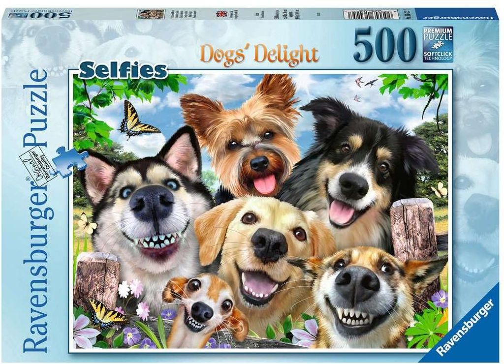 Ravensburger puzzel, 500 stukjes, "Selfie Dogs Delight", Productafbeelding 
