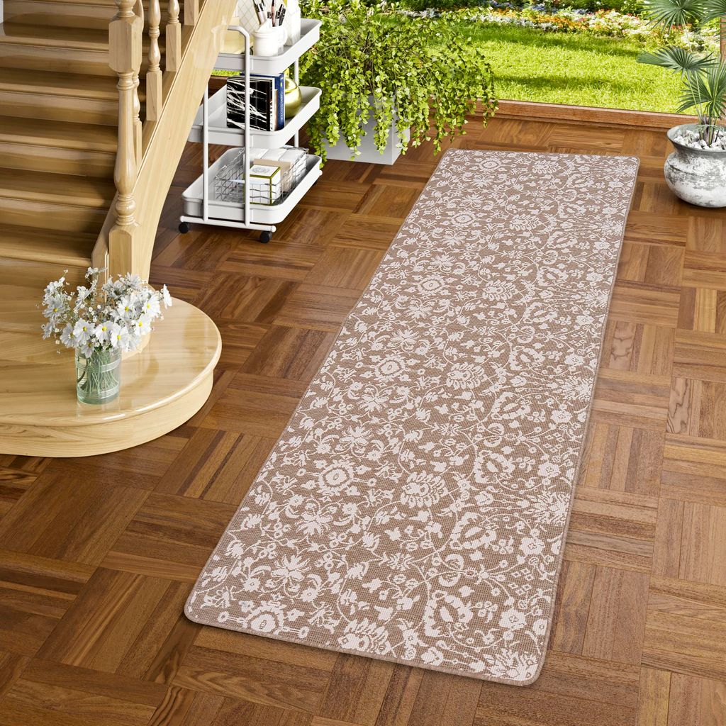 In- und Outdoor Teppich Läufer Beidseitig Newport Beige Blumen, Größe:100x300 cm