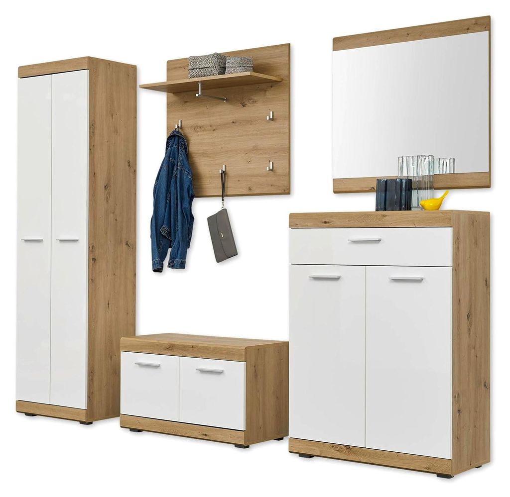 Flurgarderoben Set in Artisan Eiche Optik und Weiß Hochglanz - 5-teiliges Garderobenset für den Eingangsbereich - 255 x 195 x 38 cm (B/H/T)