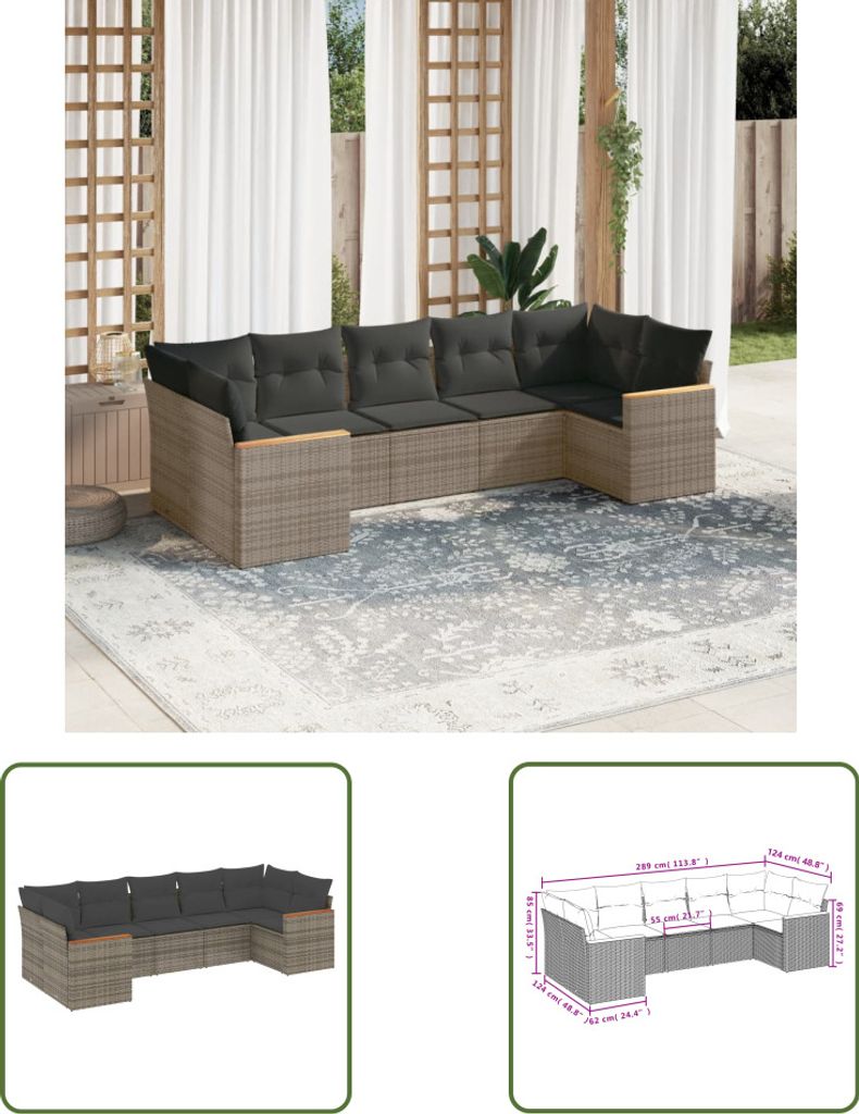 The Living Store 7-tlg. Garten-Sofagarnitur mit Kissen Grau Poly Rattan