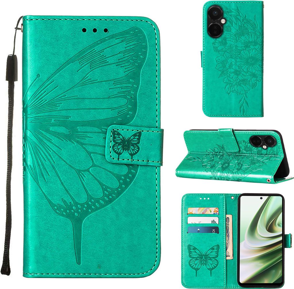 Lederhülle für OnePlus Nord CE3 Schmetterling Prägung Flip Ledertasche Kartenfächer Handyhülle mit Ständer Grün