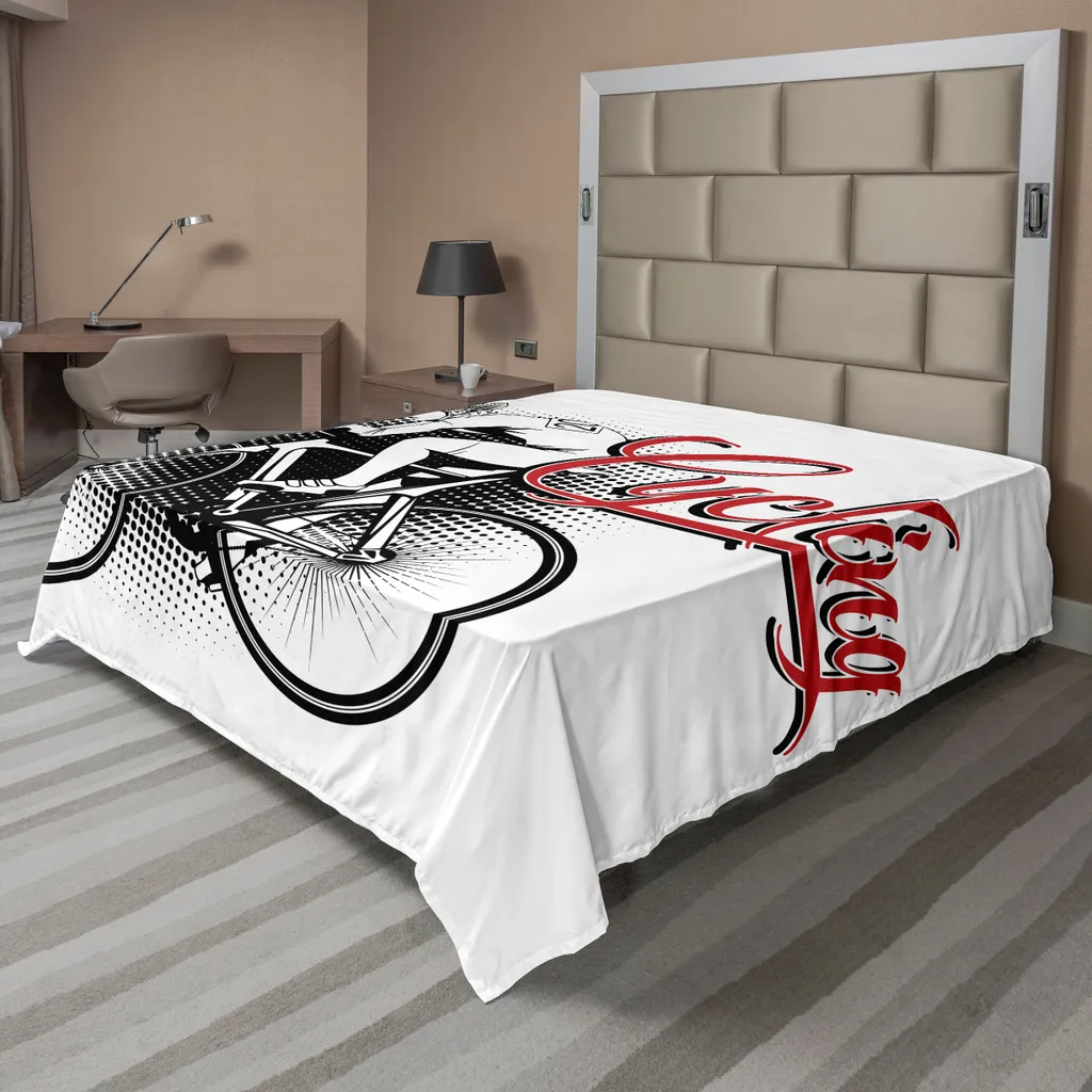 ABAKUHAUS Drap de lit Cyclisme, Illustration Pointillés Noir Blanc Rouge 260x228
