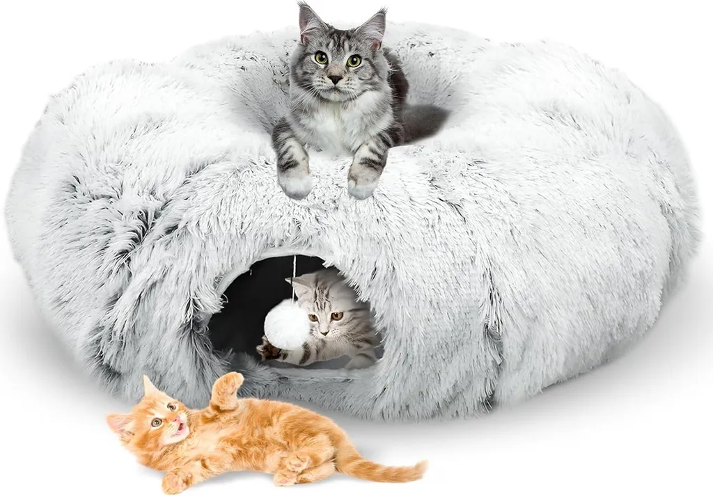 Tunnel rond en peluche pour chat avec coussin XXL - Gris clair soft