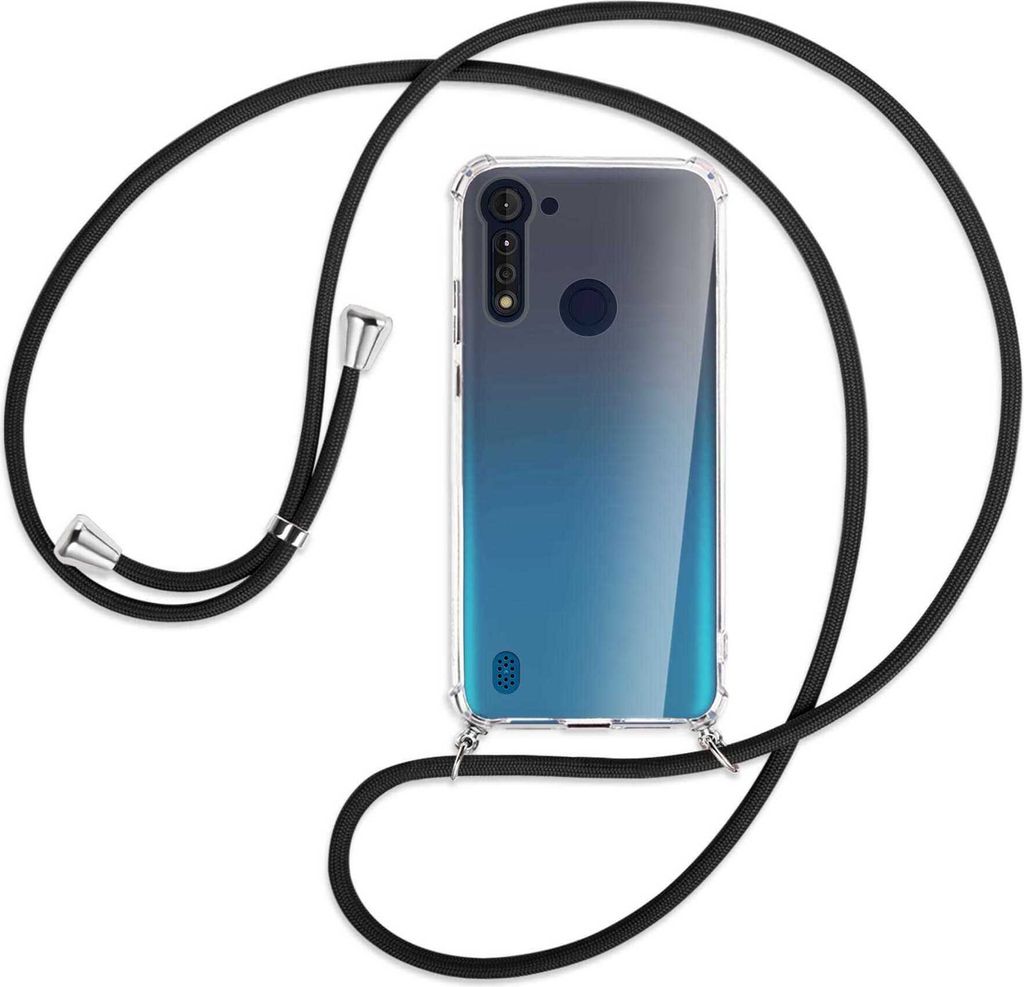 Handykette Backcover-Schutzhülle mit Band (Metall silberfarben) für Motorola Moto G8 Power Lite - schwarz