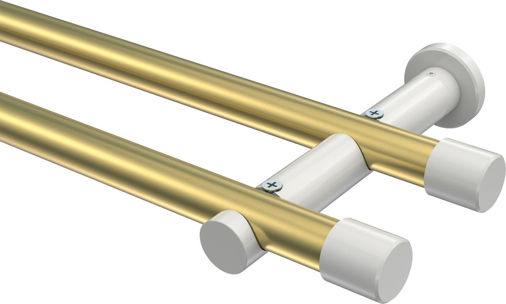 Interdeco Gardinenstange / Vorhangstange Messing-Optik / Weiß, Typ Platon Santo (Kappe) ohne Ringe, 20 mm Ø 2-läufig, 600 cm
