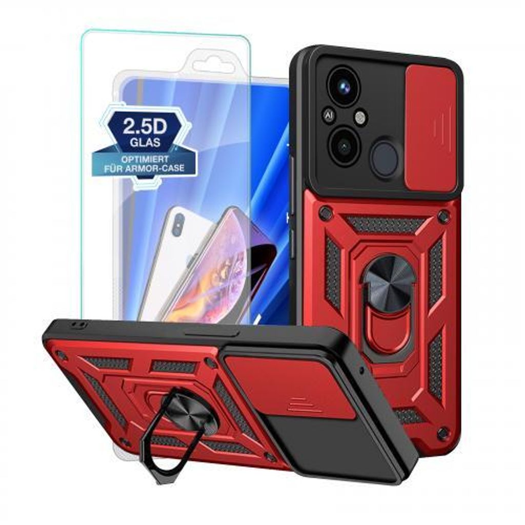 Armor Hülle Camera Protect für Xiaomi Redmi Serie - Farbe: Rot mit 9H Displayglas - Modellkompatibilität: Für Xiaomi Redmi 12C