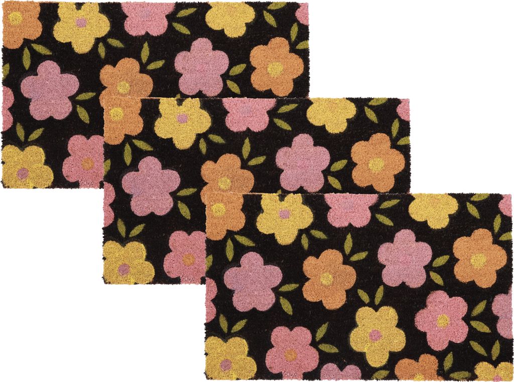 Betz 3er Kokosmatte aus 100% Kokos - Fußmatte - Fußabstreifer –Schmutzfangmatte Muster Blüten mit Blätter Größe 45 cm x 75 cm x 1,5 cm