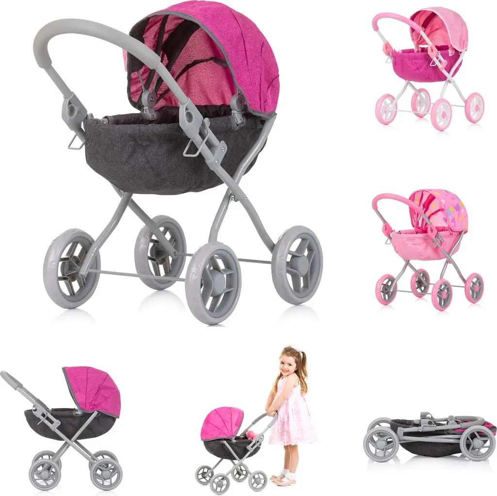 Poussette de poupée Chipolino Daisy pliable rose avec roues tout-terrain