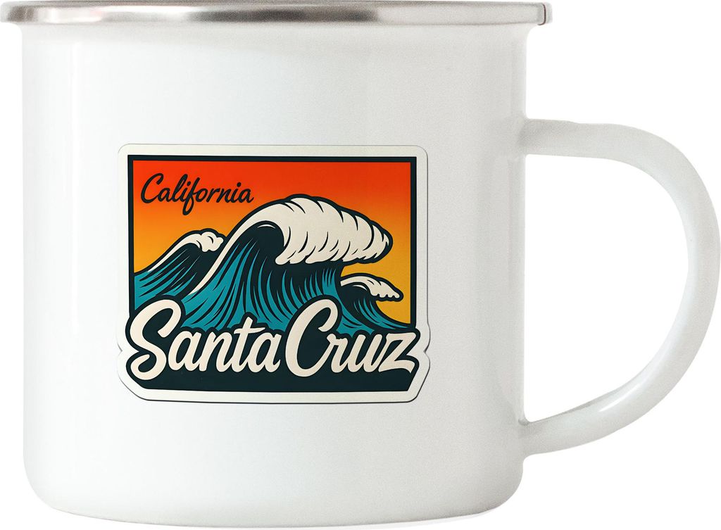 Santa Cruz Emaille Tasse – Surfer Retro Welle & Sunset Kalifornien Design, Geschenkidee für Outdoor & Strand