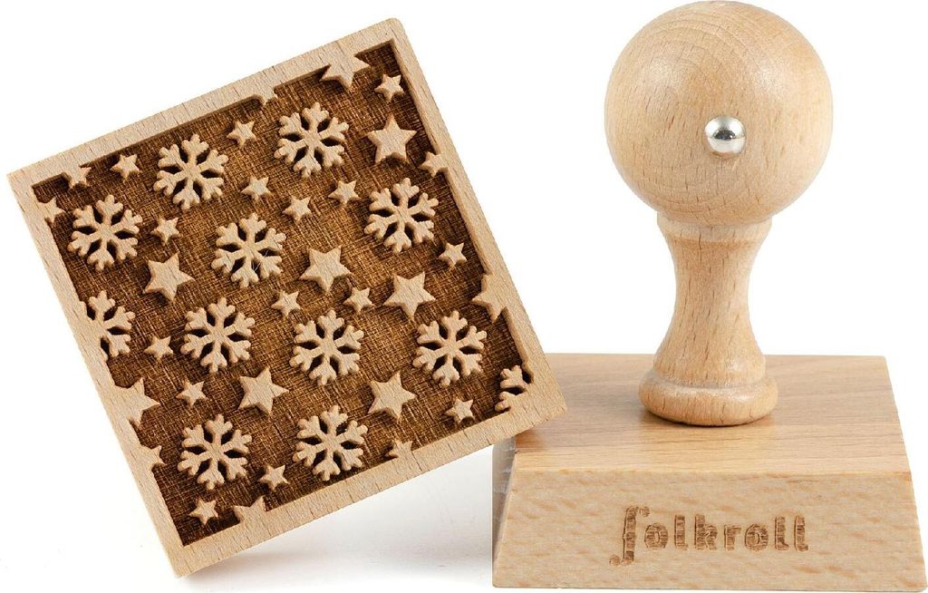 Folkroll Keksstempel Schneeflocken & Sterne, 55x55 mm, Cookiestempel, Backstempel, Keks, Stempel, Motiv, Buchenholz, 334829