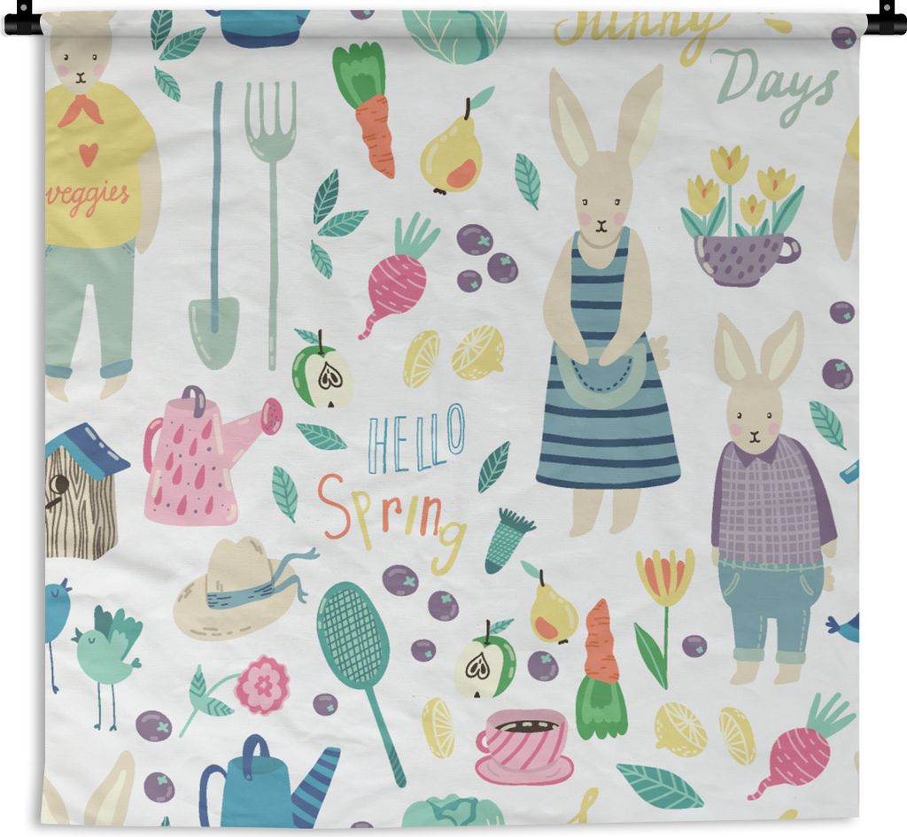 MuchoWow Wandteppich Wandbehang Muster - Kaninchen - Frühling - Garten 60x60 cm Tapisserie Dekoration Wandtuch - Dekorationen - Wand Decke