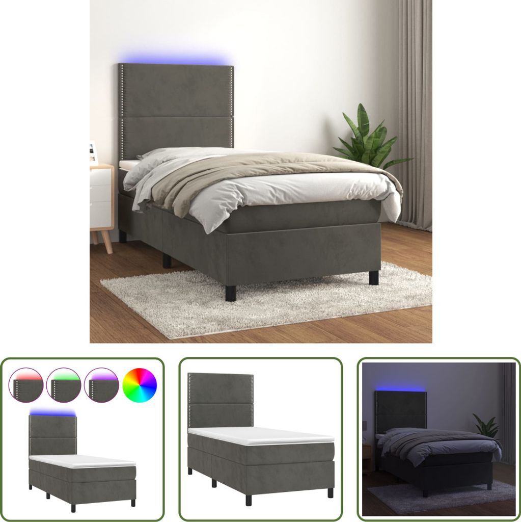 The Living Store Boxspringbett mit Matratze & LED Dunkelgrau 90x200 cm Samt