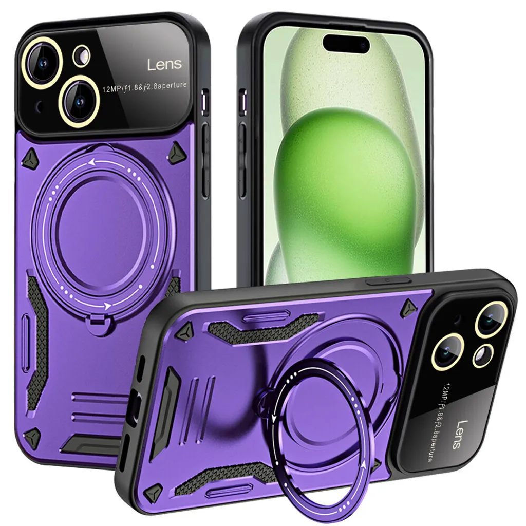 Cover iPhone 15 Heavy Duty Viola: Magsafe + Ring Holder Stand Metal