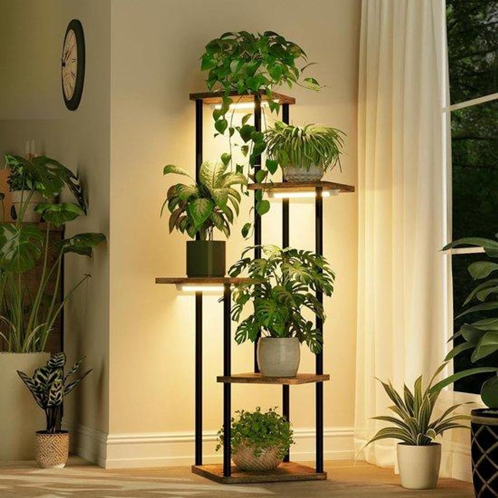 Hoogwuchs-Ständer mit Wachstums-Lampe - 5 Ebenen, Holz- und Metall-Planter für Wohnzimmer, Schlafzimmer, Garten oder Balkon