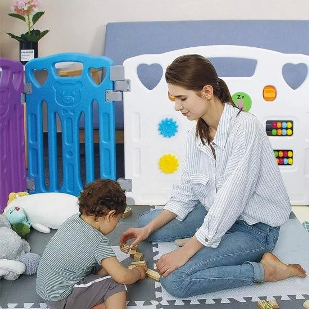 Parc de Jeu Bébé Modulable en Plastique avec Porte et Tableau d'Éveil