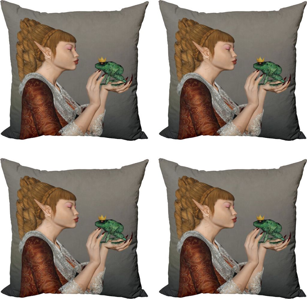 ABAKUHAUS Fantasie Kissenbezug Set (4 Stück), Prinzessin Kissing Frog, Moderner Doppelseitiger Digitaldruck, 60 cm x 60 cm, Mehrfarbig