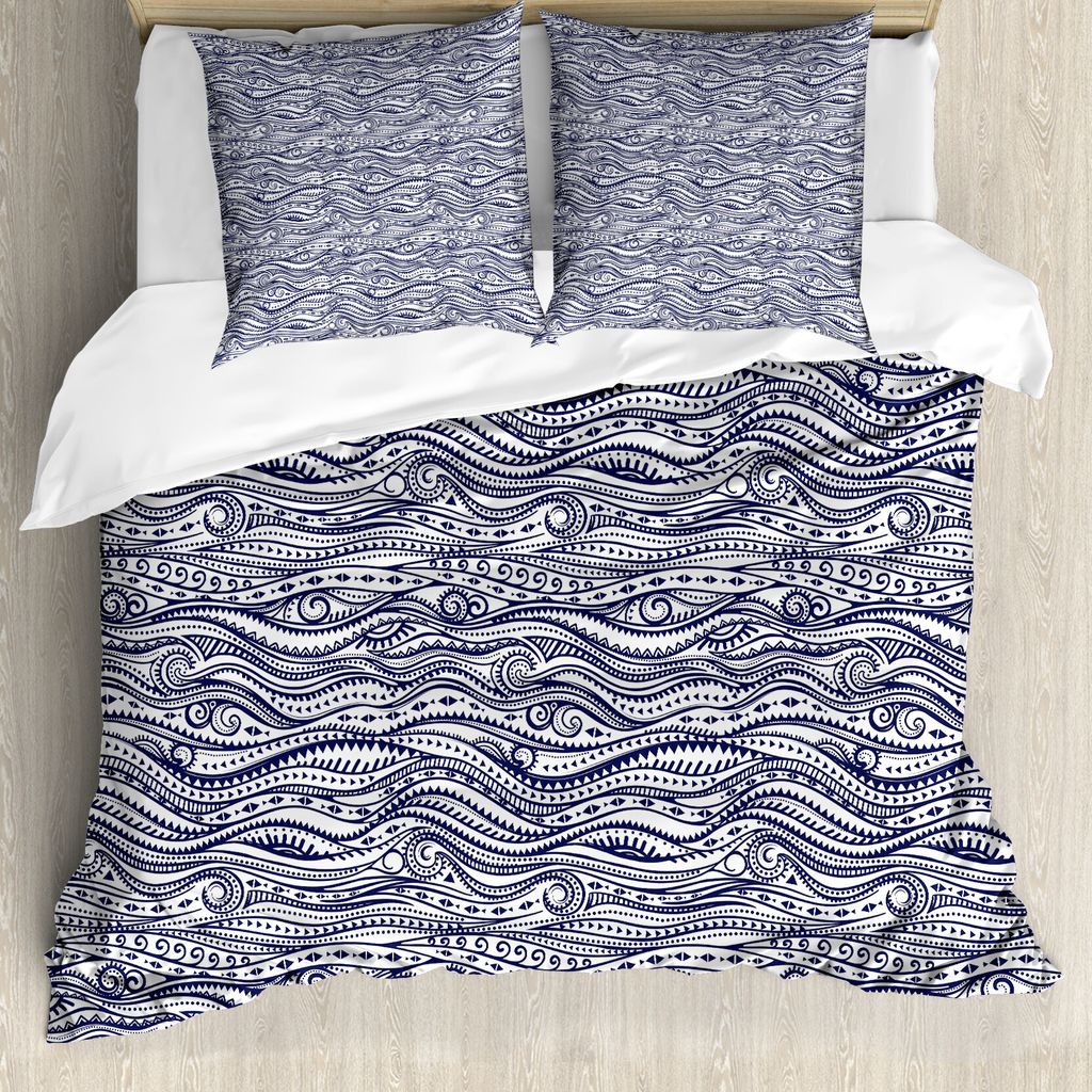 ABAKUHAUS Stammes Bettbezug, Vintage-Linien, Milbensicher Allergiker geeignet mit Kissenbezügen, 155 cm x 220 cm - 80 x 80 cm, Dunkelblau Weiß