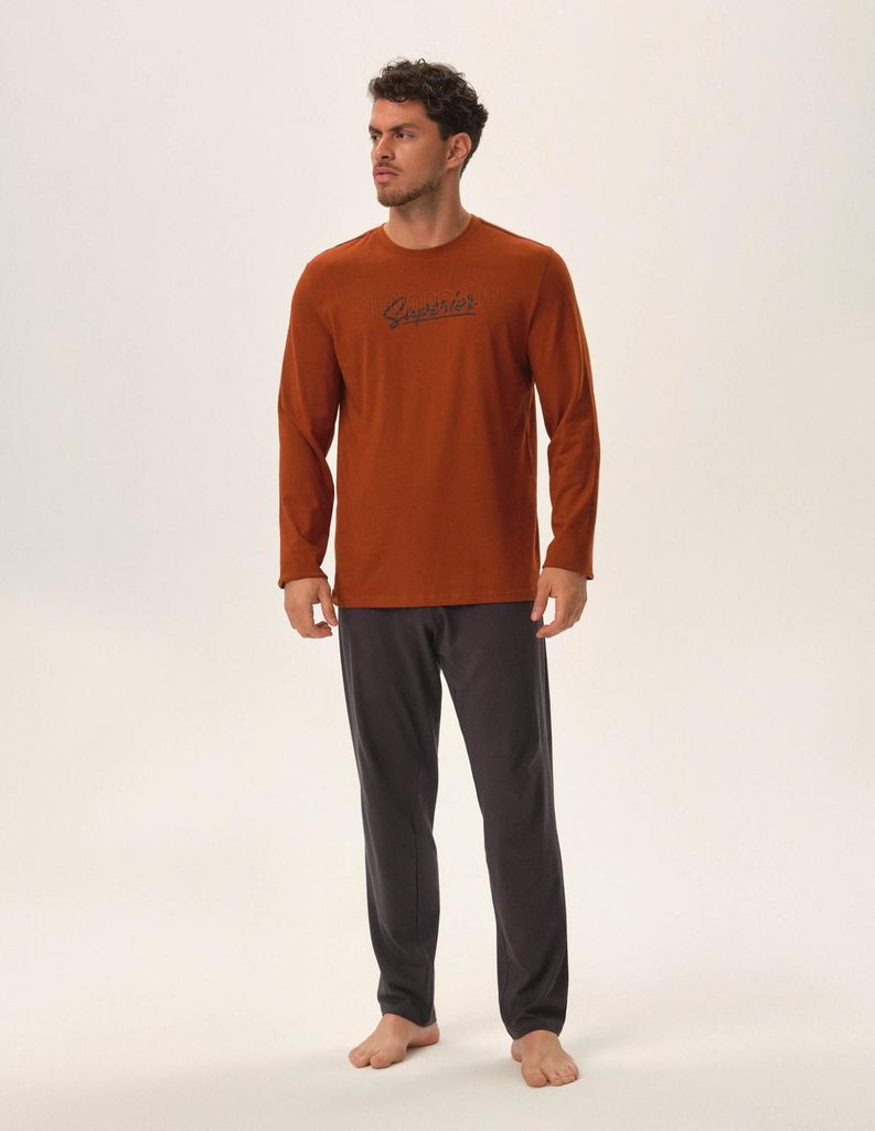 Henderson Herren Pyjama Set - Zweiteilig, 100% Baumwolle, Bequeme Nachtwäsche, Langarmshirt mit Aufdruck, Elastischer Bund, Kupferfarben, Herbst/W...