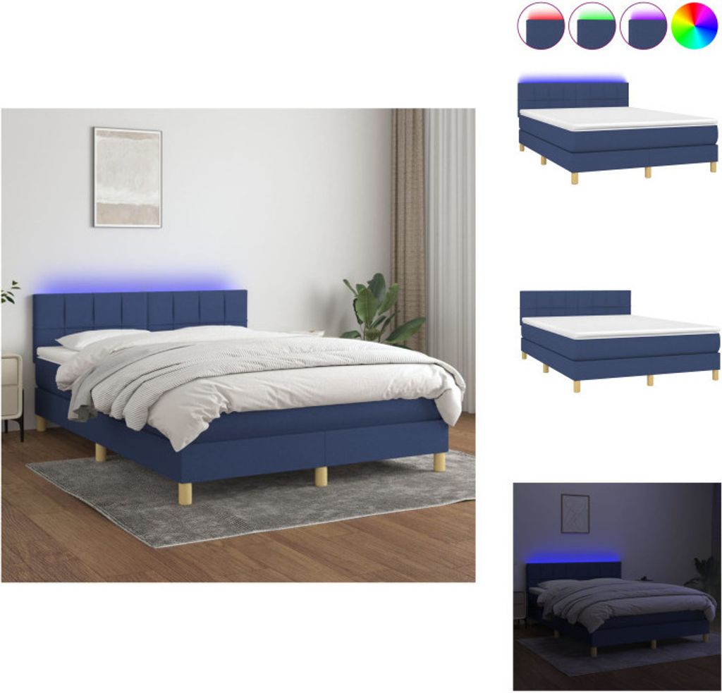 vidaXL Boxspringbett mit Matratze & LED Blau 140x200 cm Stoff - Betten & Bettgestelle