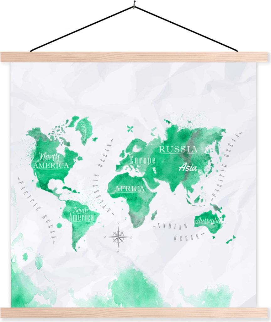 MuchoWow Textilposter Weltkarten - Grün - Farbe 120x120 cm mit holzfarbenen Rahmen - Textil-Poster