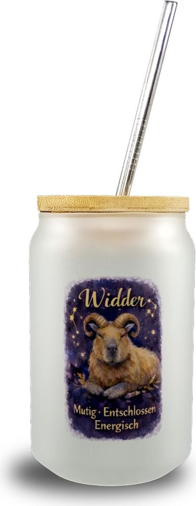 Widder Sternzeichen Cabybara Trinkglas mit Bambusdeckel für Astrologie Fans
