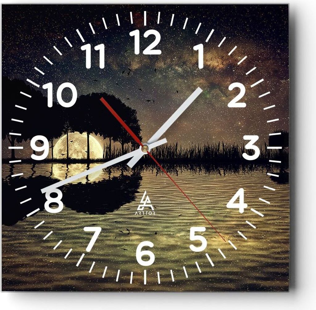 Wanduhr - Quadrat - Glasuhr - See Nacht Wasser - 30x30cm - Schleichendes Uhrwerk - Lautlos - zum Aufhängen bereit - Dekoration Modern - Wanddekora...