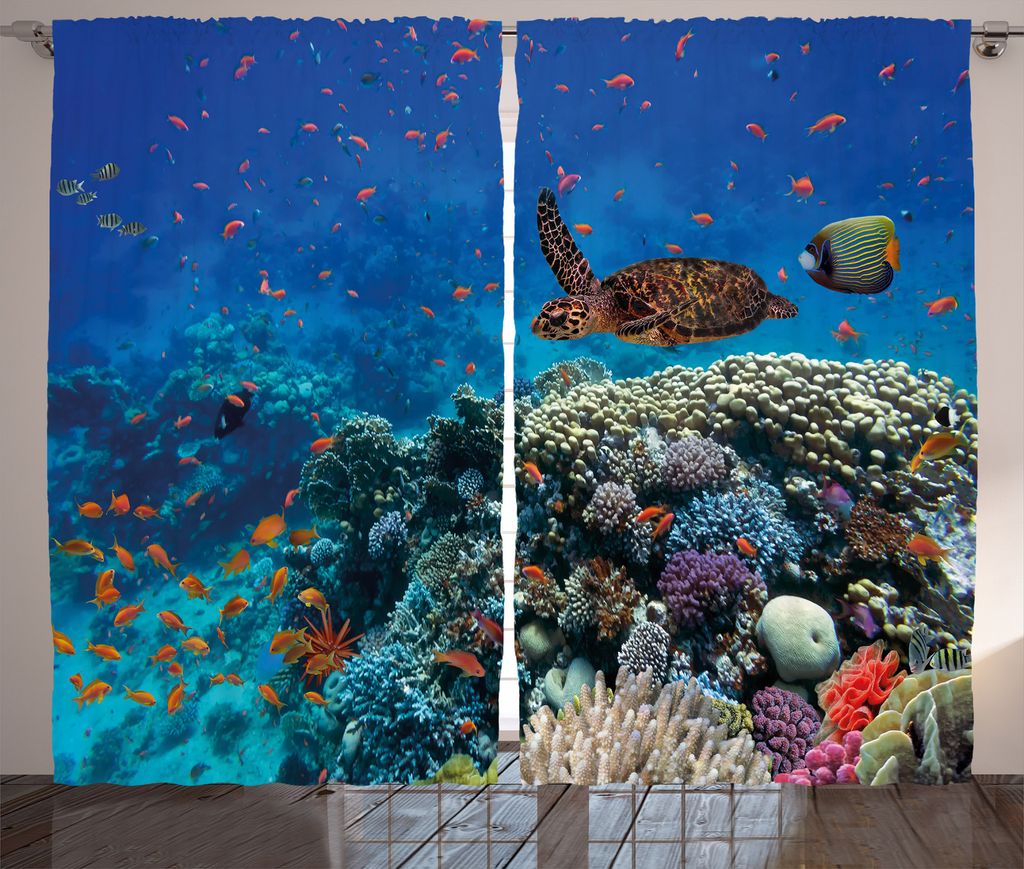 ABAKUHAUS Unterwasser Rustikaler Vorhang, Schildkröten und Fische, Wohnzimmer Universalband Gardinen mit Schlaufen und Haken, 280 x 225 cm, Mehrfa...