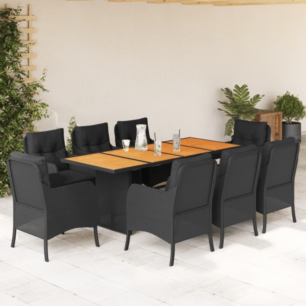 Schwarz 9-tlg. Garten-Essgruppe mit Kissen Schwarz Poly Rattan ,Design 2024 Neu