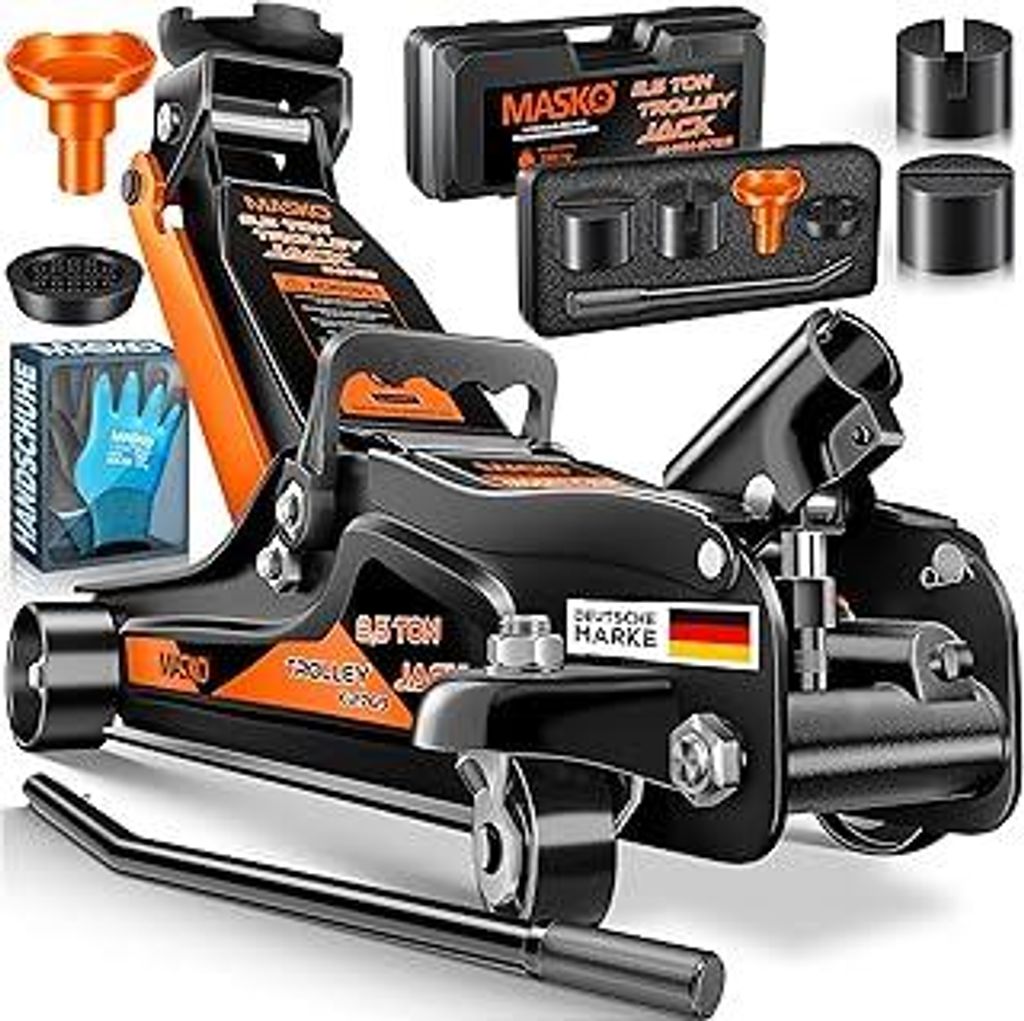 MASKOWagenheber hydraulisch 2,5T Flache Hubhöhe 85-360mm 3X Gummiauflage KFZ Rangierwagenheber SUV, 360° Rollen, inkl. Koffer + Handschuhe Rollen...