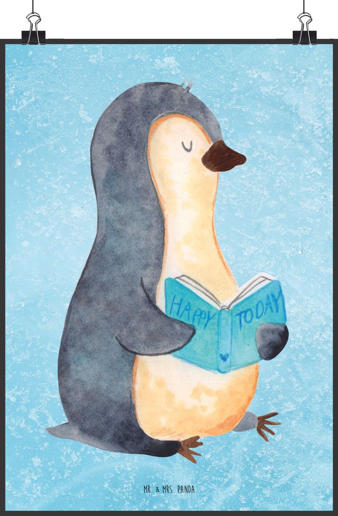 Mr. & Mrs. Panda Bild Pinguin Buch DIN A1 - Eisblau - Geschenk, wandkunst, Wanddekoration, Urlaub, Entspannen, Ausruhen, Kunstdruck, Lesen, Nichtst...