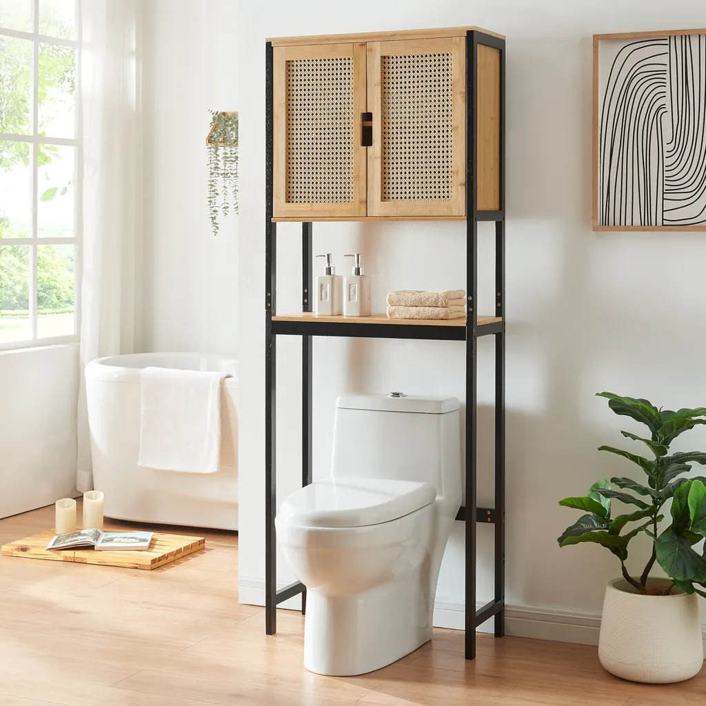 Armoire de toilette Tervola en bambou 172x63x27cm aspect rotin noir