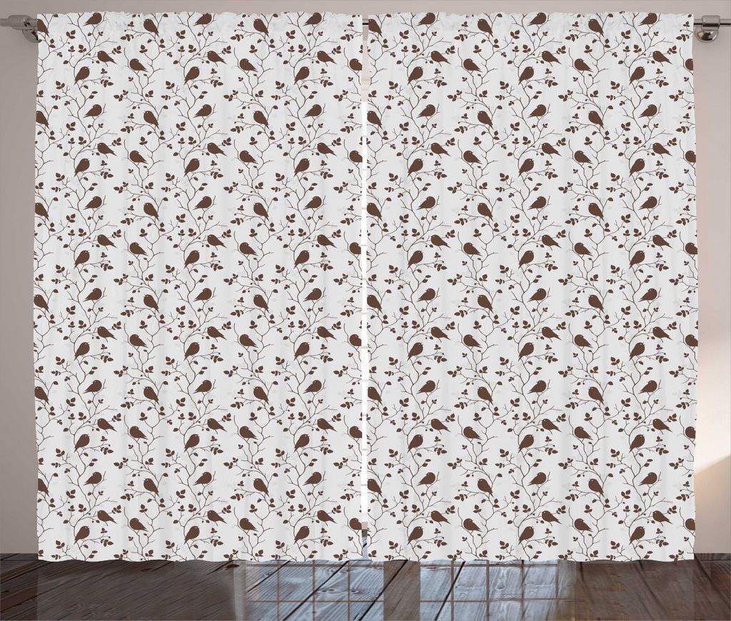 ABAKUHAUS Blätter Rustikaler Vorhang, Nette Vögel auf Zweigen, Wohnzimmer Universalband Gardinen mit Schlaufen und Haken, 280 x 225 cm, Hellgrau ...